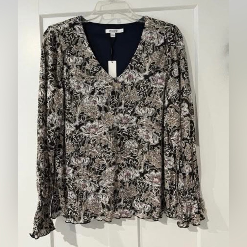 CHICOS BLOOM CRINKLE BODRE BLOUSE CHICOS SIZE 1 WILL FIT MISSES MEDIUM. NWT! - Picture 4 of 6